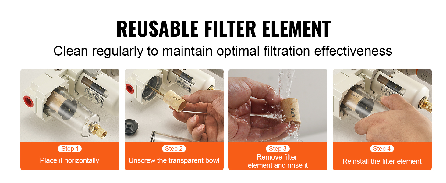 VEVOR gaisa kompresora filtra tīrīšanas darbības: novietojiet horizontāli, atskrūvējiet, noskalojiet un uzstādiet atpakaļ atkārtotai lietošanai.