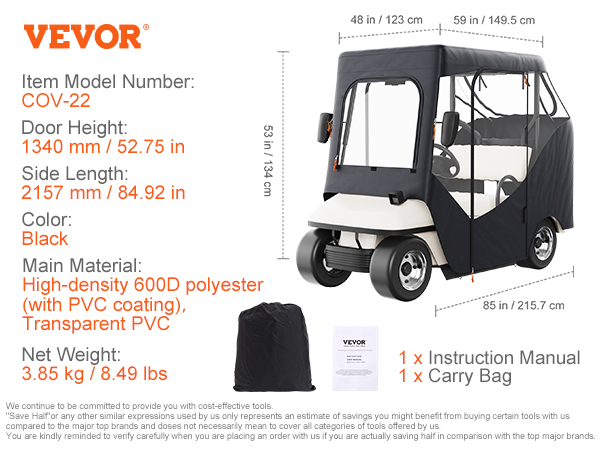 VEVOR golf cart enclosure. dimensions: 134 cm door height, 215.7 cm side length, black polyester and pvc.