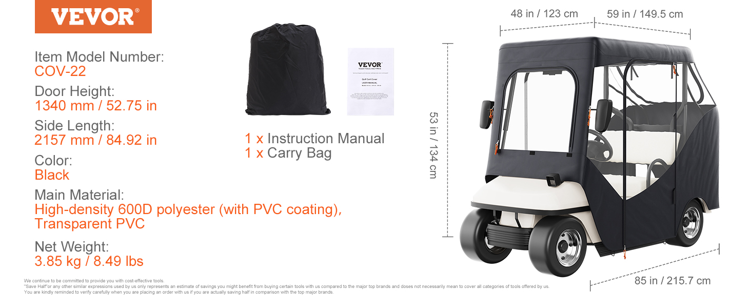VEVOR golf cart enclosure. dimensions: 134 cm door height, 215.7 cm side length, black polyester and pvc.