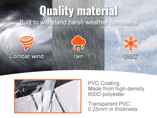 VEVOR golf cart enclosure withstands wind, rain, and snow with high-density 600d polyester and pvc coating.