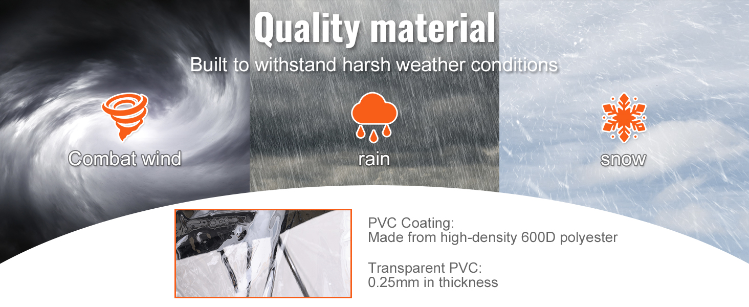 VEVOR golf cart enclosure withstands wind, rain, and snow with high-density 600d polyester and pvc coating.