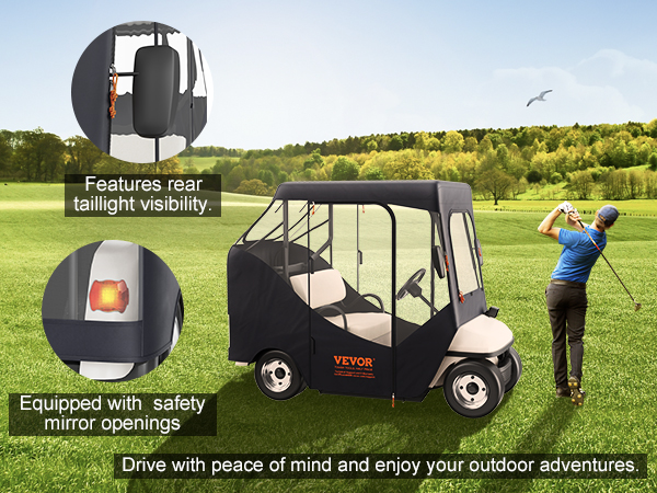 VEVOR golf cart enclosure on a golf course with taillight visibility and safety mirror openings.