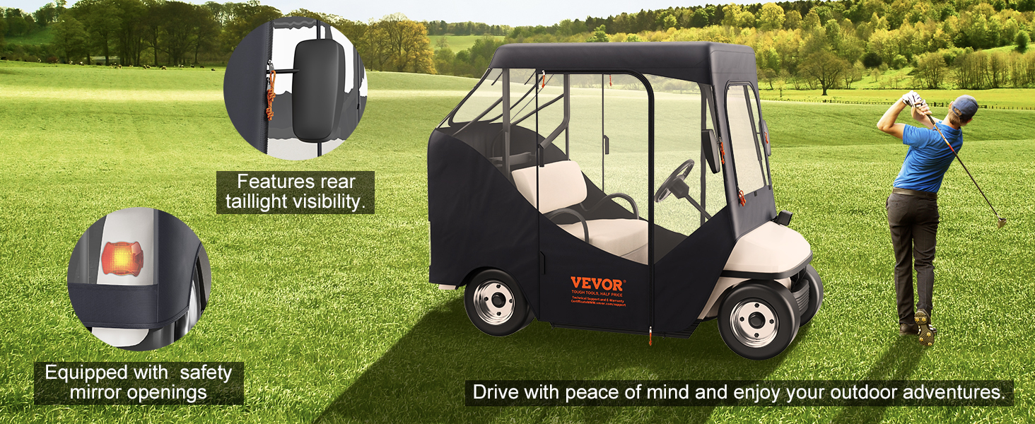 VEVOR golf cart enclosure on a golf course with taillight visibility and safety mirror openings.