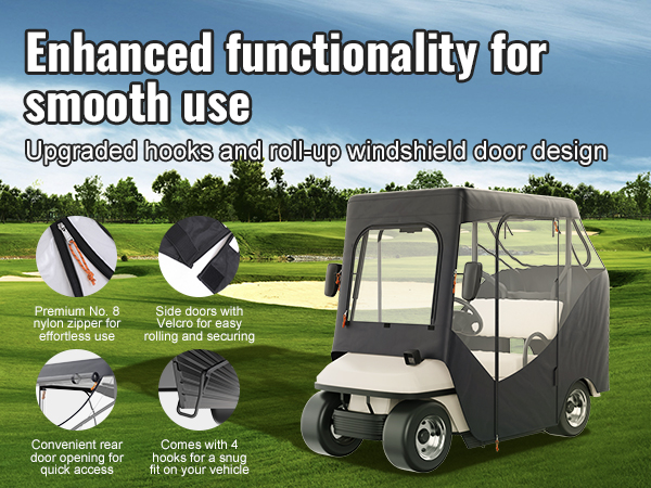 VEVOR golf cart enclosure with premium nylon zipper, velcro side doors, and easy rear access hooks.
