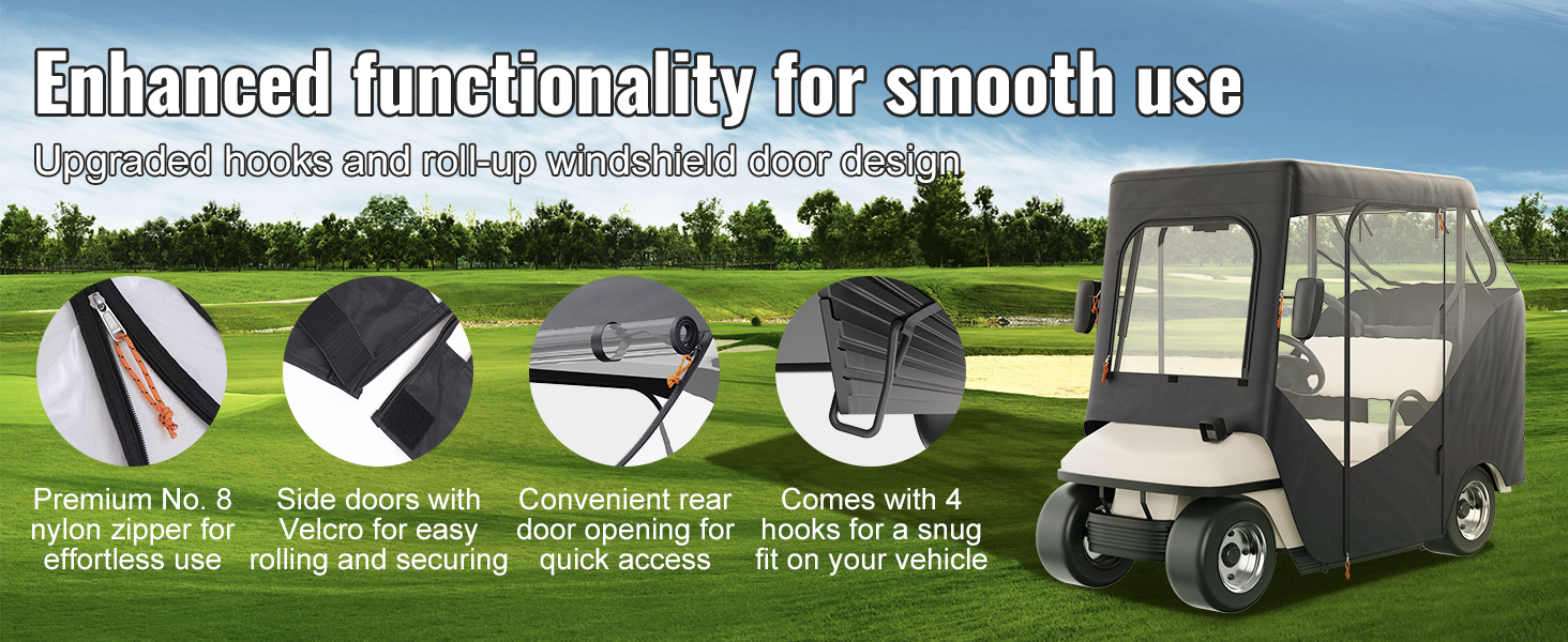 VEVOR golf cart enclosure with premium nylon zipper, velcro side doors, and easy rear access hooks.