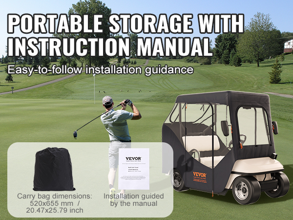 VEVOR golf cart enclosure with portable storage bag and instruction manual. golf course in background.