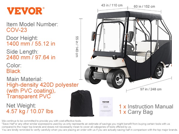 VEVOR golf cart enclosure, model cov-23, 1400 mm door height, black, high-density 420d polyester and pvc.