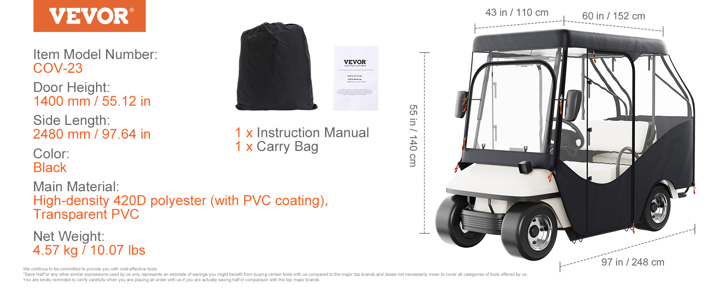 VEVOR golf cart enclosure, model cov-23, 1400 mm door height, black, high-density 420d polyester and pvc.