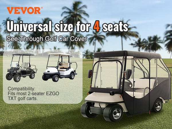 VEVOR golf cart enclosure for 4-seater ezgo txt, see-through with measurements, on a golf course.