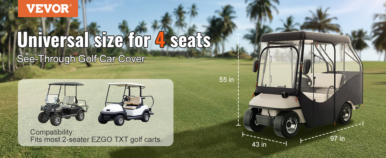 VEVOR golf cart enclosure for 4-seater ezgo txt, see-through with measurements, on a golf course.
