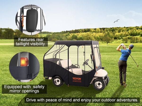 VEVOR golf cart enclosure on a green field with golfer, showing rear taillight visibility and mirror openings.