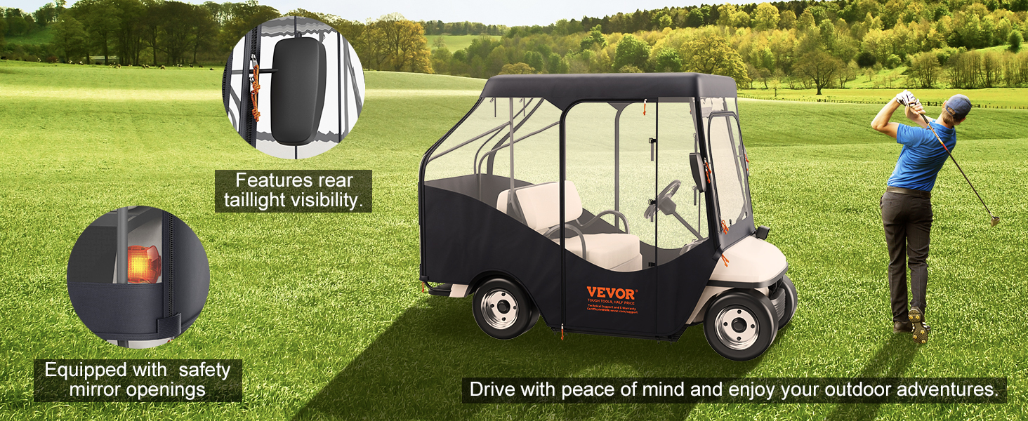 VEVOR golf cart enclosure on a green field with golfer, showing rear taillight visibility and mirror openings.