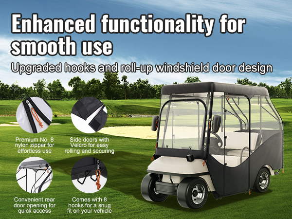 VEVOR golf cart enclosure showcasing hooks, roll-up doors, nylon zippers, and velcro-secured side doors.