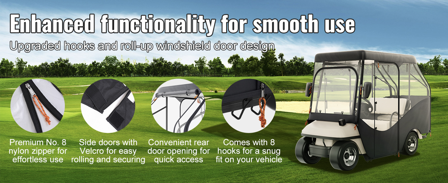 VEVOR golf cart enclosure showcasing hooks, roll-up doors, nylon zippers, and velcro-secured side doors.