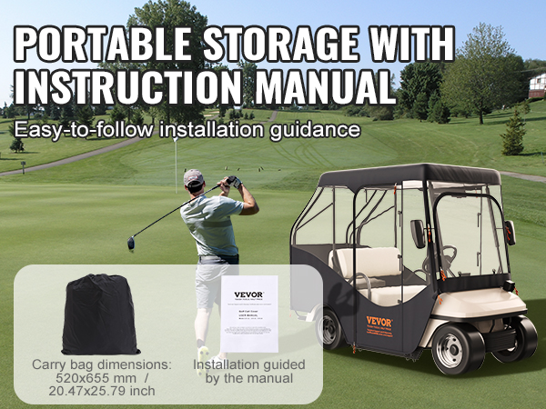 VEVOR golf cart enclosure with storage bag and manual on a golf course. easy installation guide included.