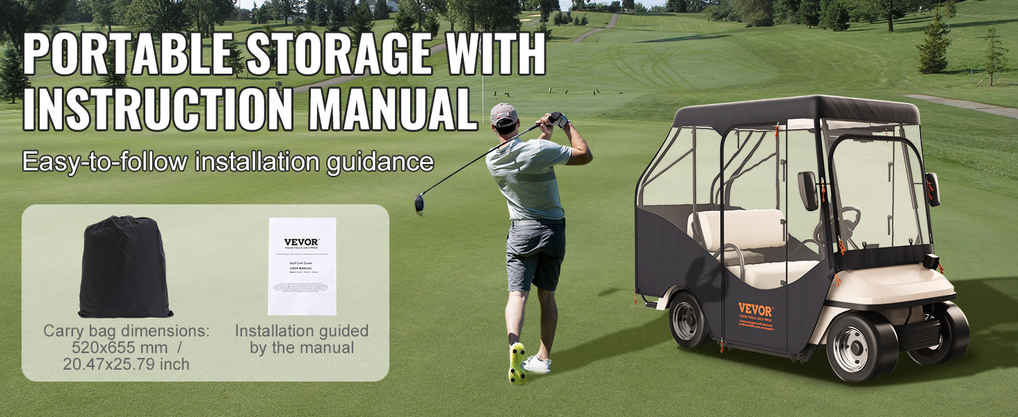 VEVOR golf cart enclosure with storage bag and manual on a golf course. easy installation guide included.