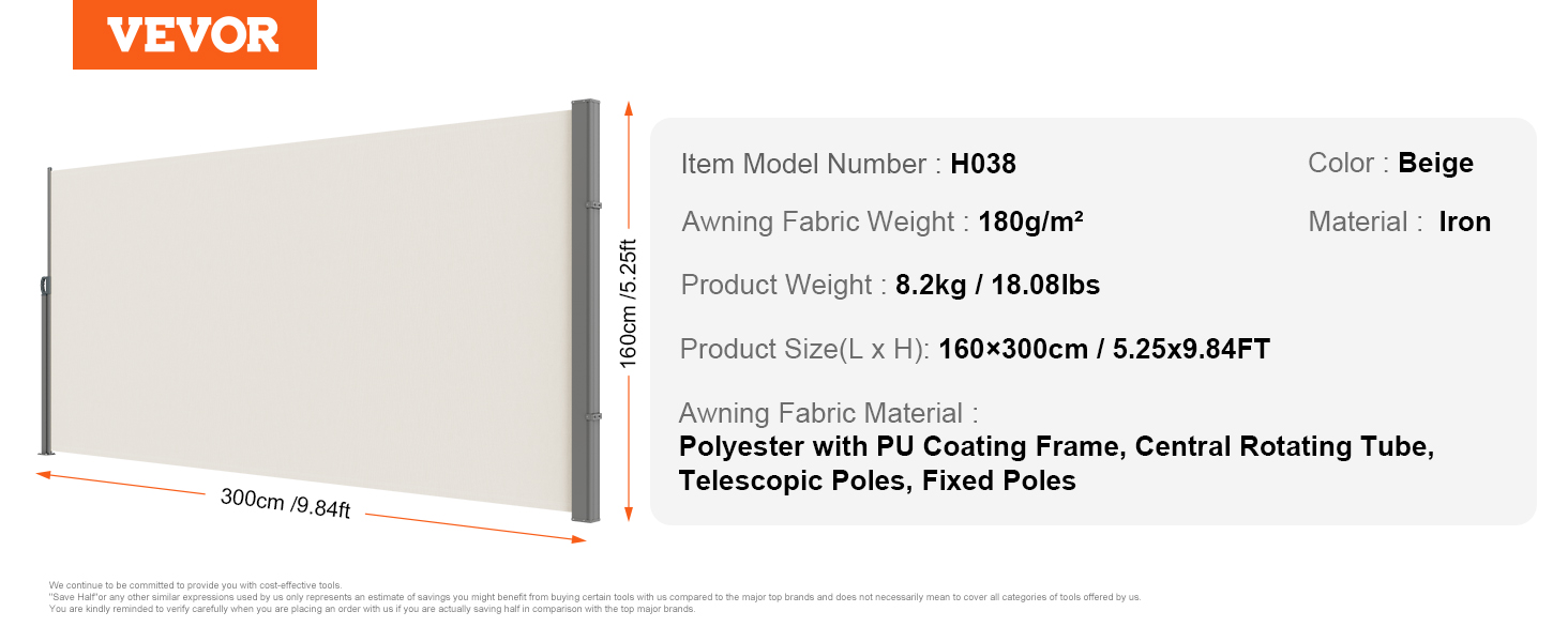 VEVOR retractable side awning, 300cm length, beige, iron material, polyester fabric, model h038.