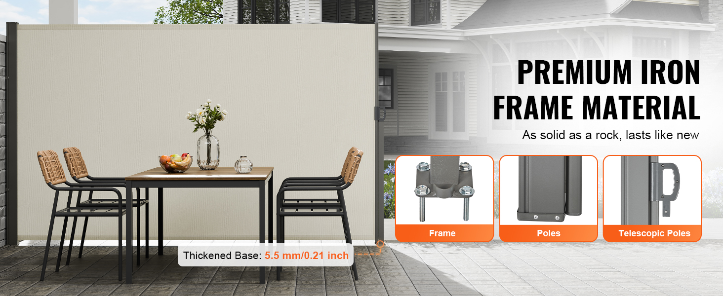 outdoor furniture set with the VEVOR retractable side awning, iron frame, and telescopic poles.