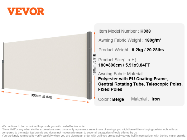 VEVOR retractable side awning, beige, polyester with pu coating, iron frame, 180x300cm, model h038.