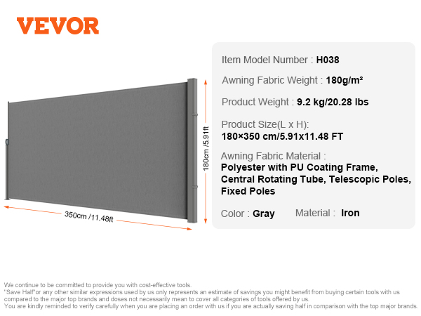 VEVOR retractable side awning, gray, iron frame, 180x350 cm, polyester with pu coating, 9.2 kg.