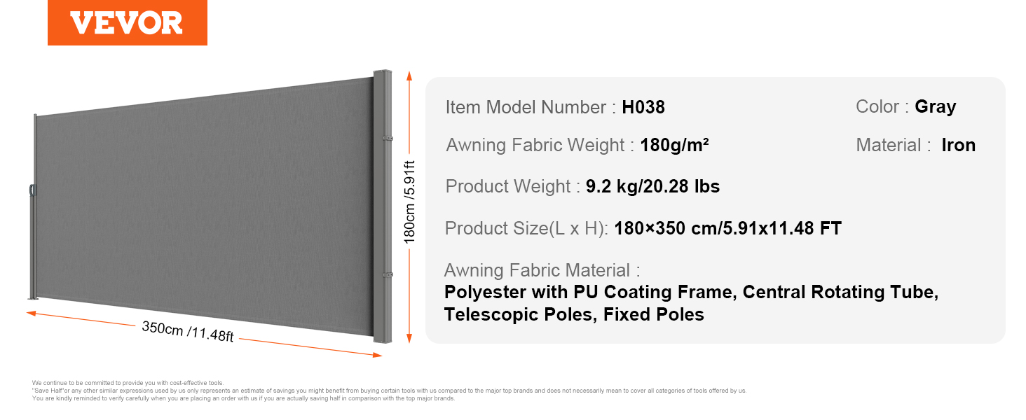 VEVOR retractable side awning, gray, iron frame, 180x350 cm, polyester with pu coating, 9.2 kg.