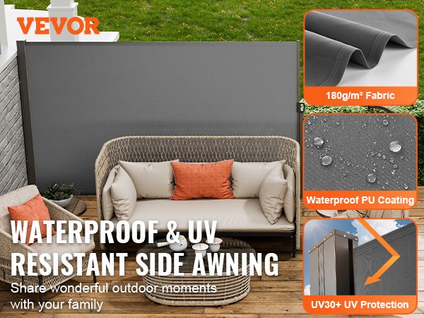 VEVOR retractable side awning with waterproof pu coating and uv30+ protection in a cozy outdoor space.