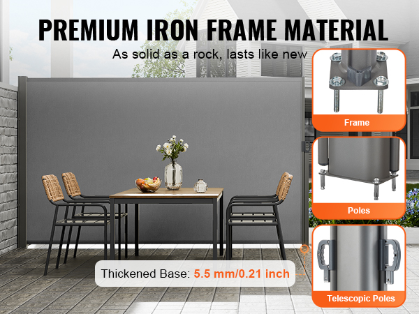VEVOR retractable side awning with premium iron frame, dining setup, and thickened base illustration.
