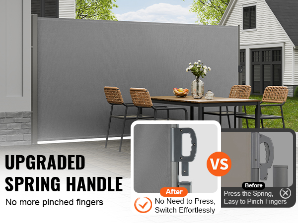 VEVOR retractable side awning featuring an upgraded spring handle, outdoor patio setup with chairs and a table.