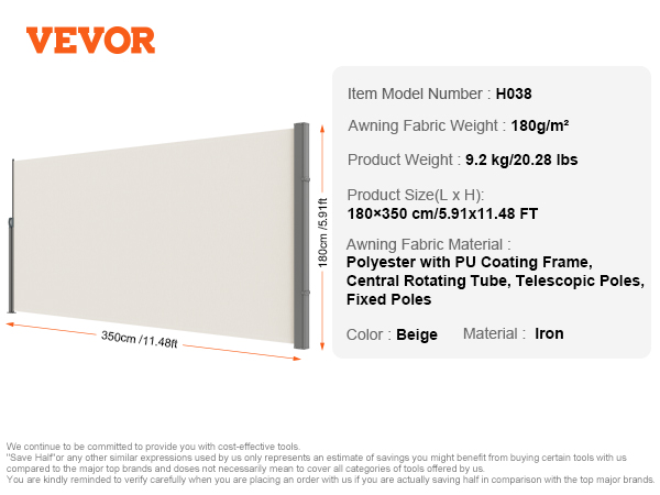 VEVOR retractable side awning in beige, 350cm by 180cm, 180g/m² polyester, iron frame, 9.2kg weight.