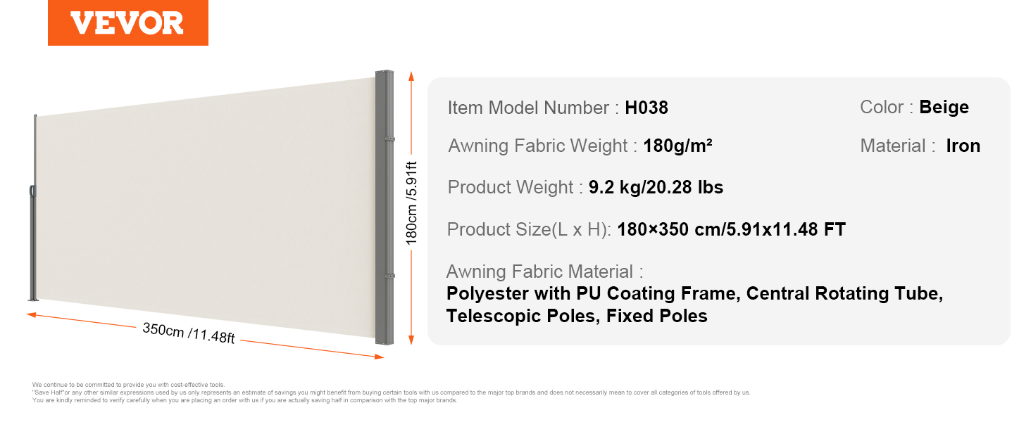 VEVOR retractable side awning in beige, 350cm by 180cm, 180g/m² polyester, iron frame, 9.2kg weight.