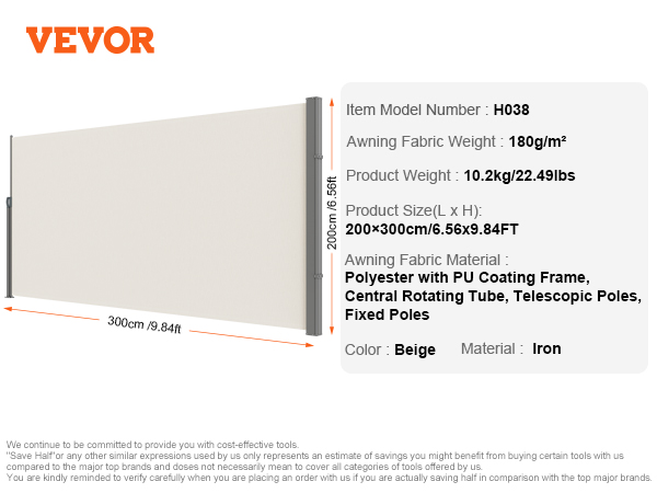 VEVOR retractable side awning, beige, model h038, polyester fabric, iron frame, 200x300cm size.