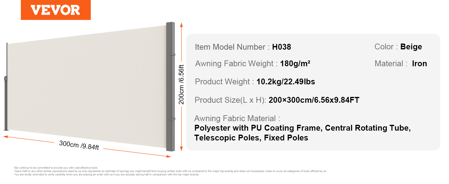 VEVOR retractable side awning, beige, model h038, polyester fabric, iron frame, 200x300cm size.