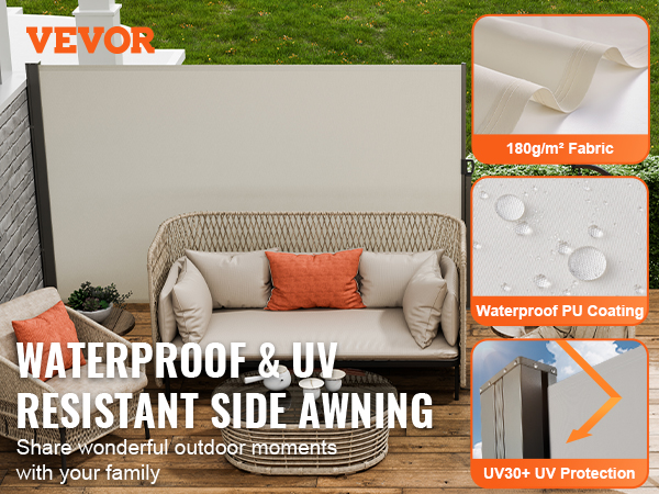 VEVOR retractable side awning on a patio with outdoor furniture, showcasing waterproof and uv protection features.
