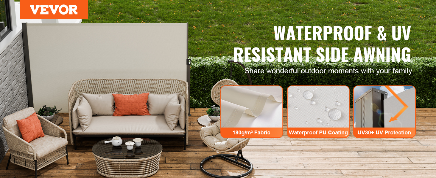 VEVOR retractable side awning on a patio with outdoor furniture, showcasing waterproof and uv protection features.