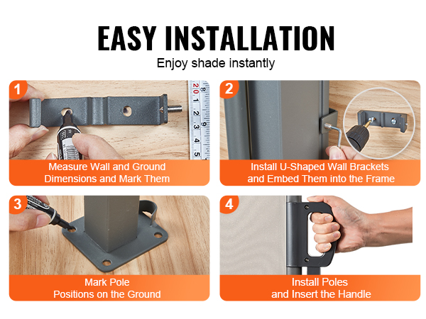 easy installation steps for the VEVOR retractable side awning with text and illustrations.