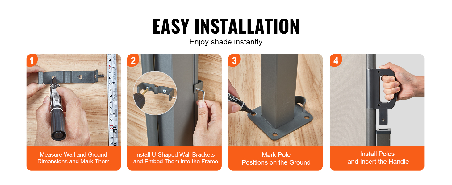 easy installation steps for the VEVOR retractable side awning with text and illustrations.