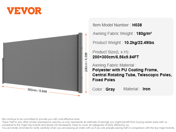 VEVOR retractable side awning in gray with iron frame, 200cm x 300cm, 22.49lbs, 180g/m² fabric.