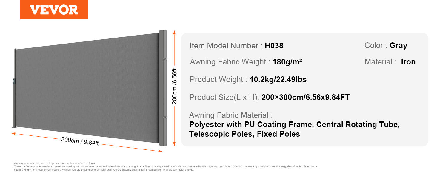 VEVOR retractable side awning in gray with iron frame, 200cm x 300cm, 22.49lbs, 180g/m² fabric.