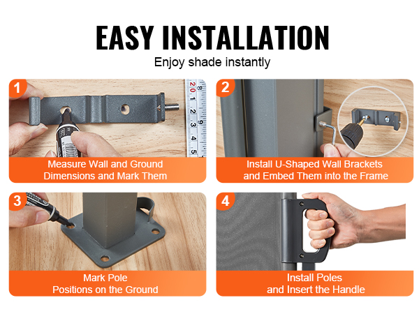 easy installation steps for VEVOR retractable side awning: measure, install brackets, mark poles, and insert poles.