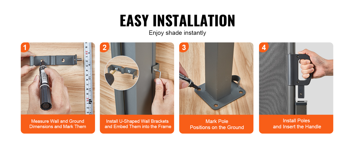 easy installation steps for VEVOR retractable side awning: measure, install brackets, mark poles, and insert poles.
