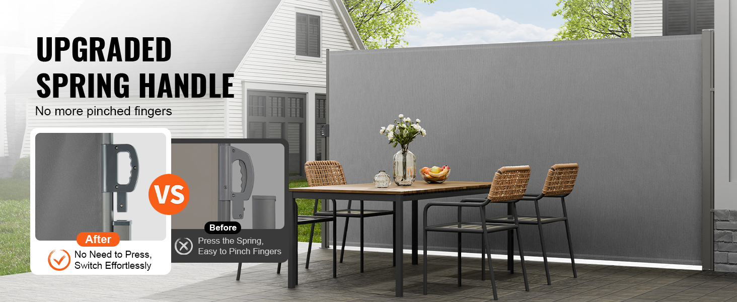 VEVOR retractable side awning with upgraded spring handle, outdoor dining area with wicker chairs.