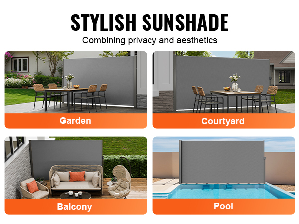stylish VEVOR retractable side awning for garden, courtyard, balcony, and pool areas. sunshade, windproof, rainproof.