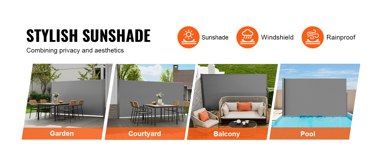 stylish VEVOR retractable side awning for garden, courtyard, balcony, and pool areas. sunshade, windproof, rainproof.