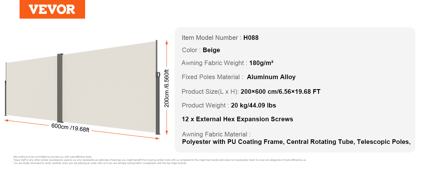 VEVOR retractable side awning, beige, 600x200cm, aluminum alloy poles, 180g/m² polyester fabric.