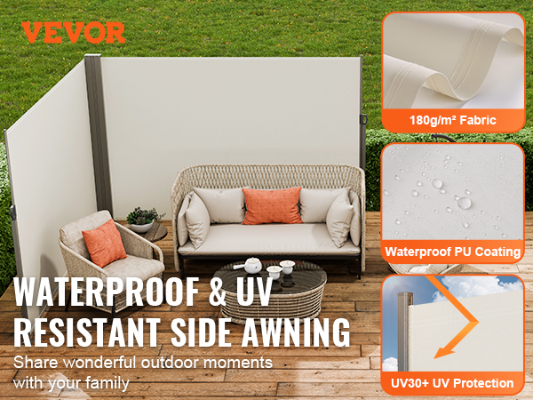 VEVOR retractable side awning, waterproof pu coating, uv resistant, outdoor patio with rattan furniture.