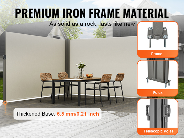 VEVOR retractable side awning with premium iron frame, thickened base, and telescopic poles.