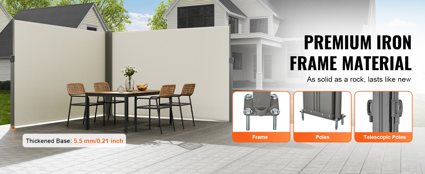VEVOR retractable side awning with premium iron frame, thickened base, and telescopic poles.