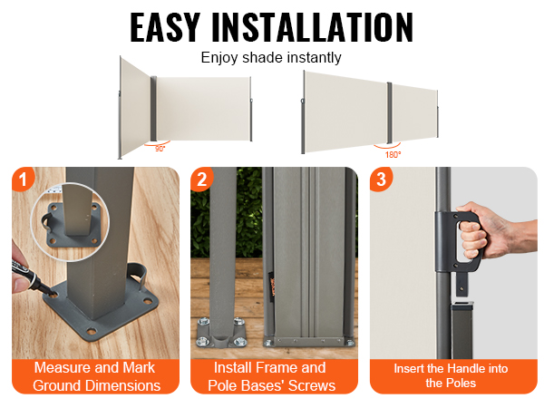 easy installation steps for VEVOR retractable side awning, providing 90° and 180° shade options.