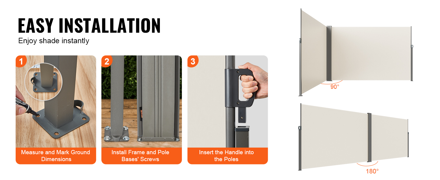 easy installation steps for VEVOR retractable side awning, providing 90° and 180° shade options.
