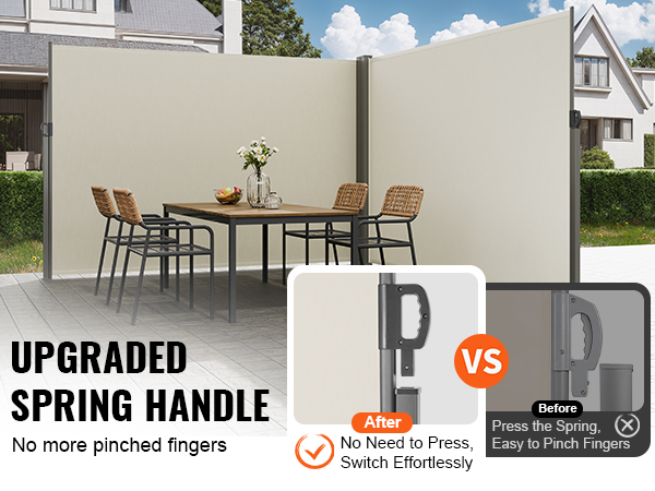 VEVOR retractable side awning with upgraded spring handle, no more pinched fingers, and effortless switch.
